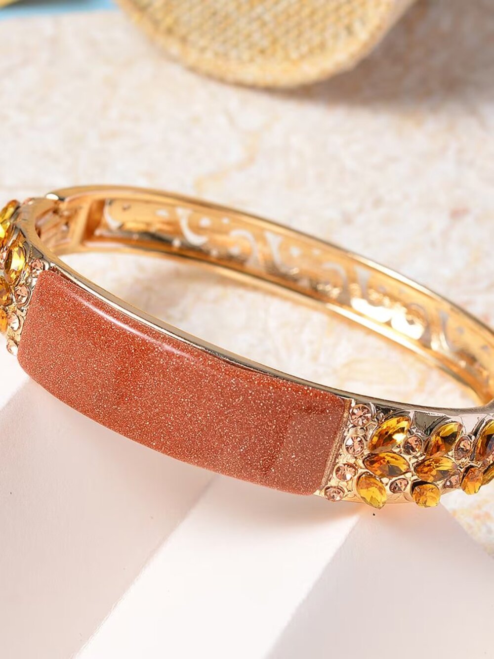 Gold Sandstone, Champagne Glass & Champagne Austrian Crystal Bangle Bracelet NEW